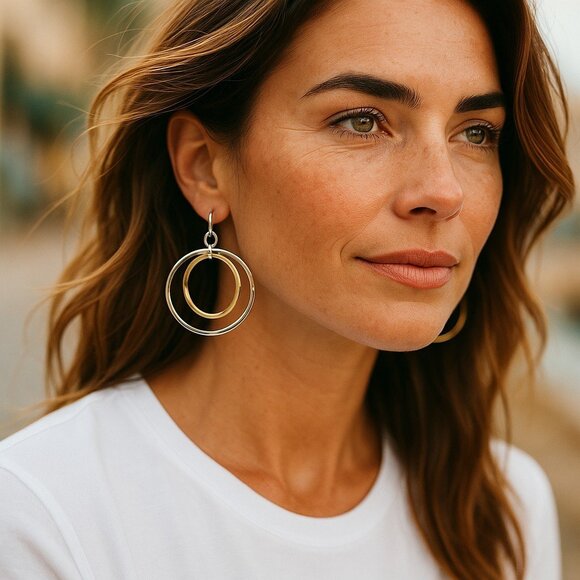 J. Jill Double Hoop Dangle Earrings Hammered Gold Silver Tone Mixed Metal Boho - Picture 1 of 11